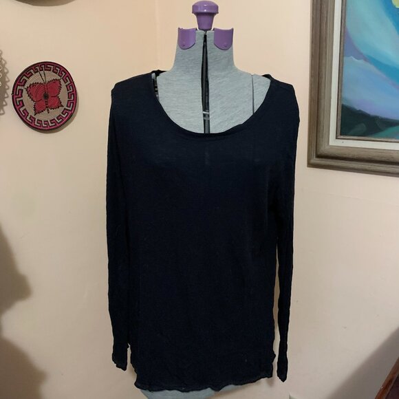 NORDSTROM CASLONG L Crewneck Long Sleeve T-Shirt Solid Black Cotton Modal Basic - Picture 2 of 6